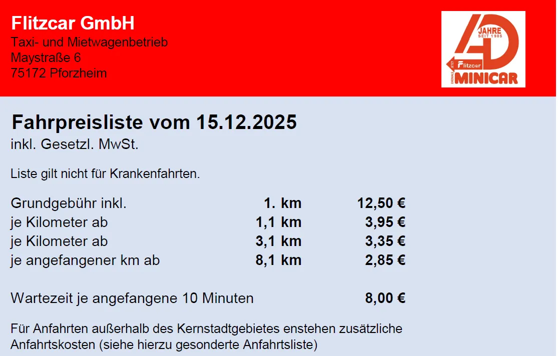 Taxi-Preisliste Pforzheim 2026 &ndash; Grundpreis, Kilometerpreis und Festpreise